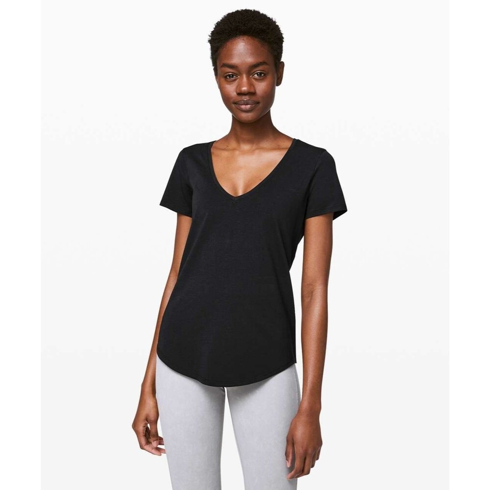Lululemon Love V-Neck T-Shirt Black Sz Large 10 Short Sleeve Pima Cotton W3CNYS